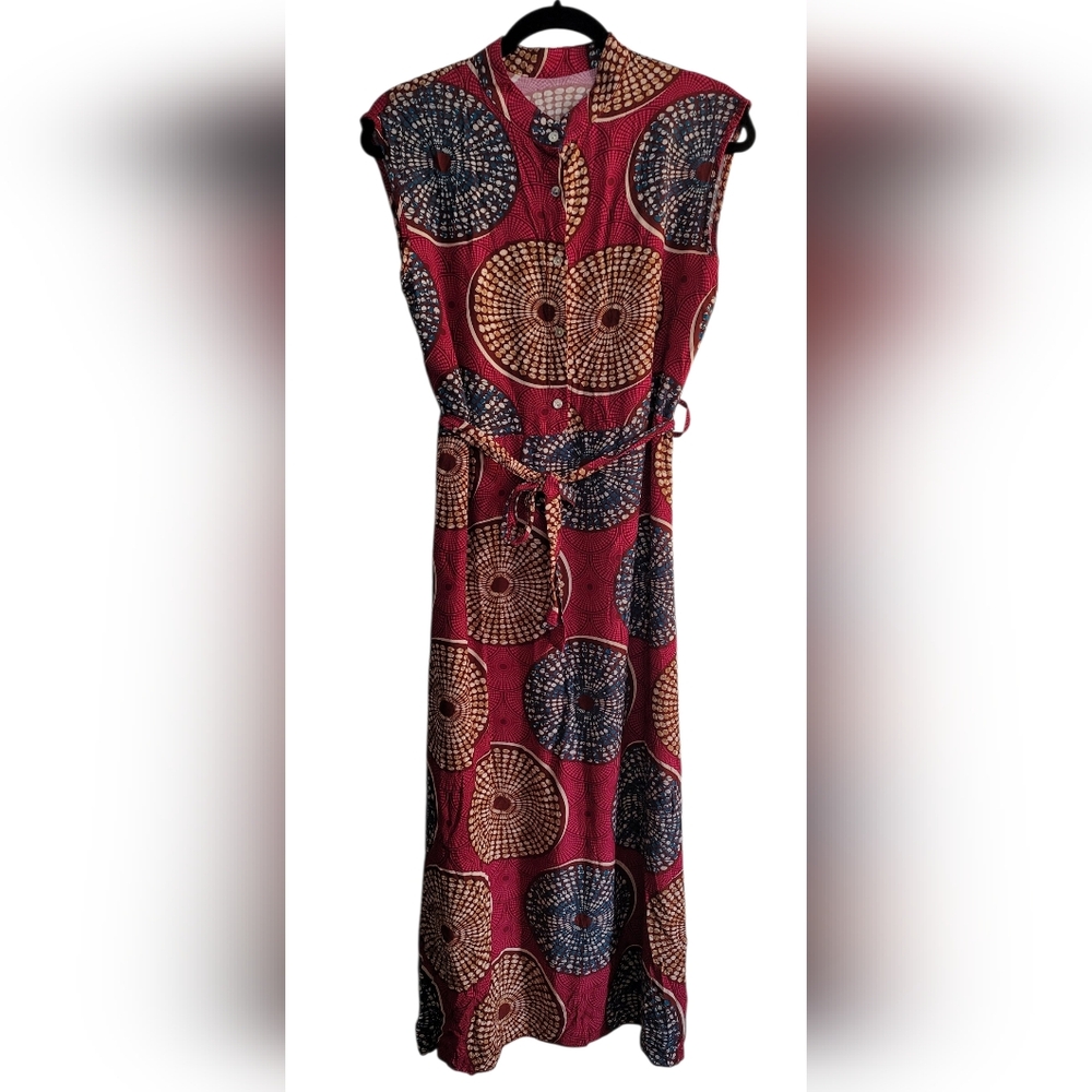 Bohemian Style Mandarin Collar Multicolor Patterned Tie-Belt Fit and Flare Dress
